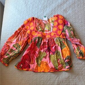 FARM Rio Pink Orange Green Leaf-Print Peasant Blouse